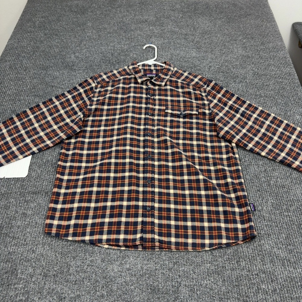 Patagonia Flannel Shirt Mens L Navy Orange Organic Cotton Plaid Outdoor Gorpcore